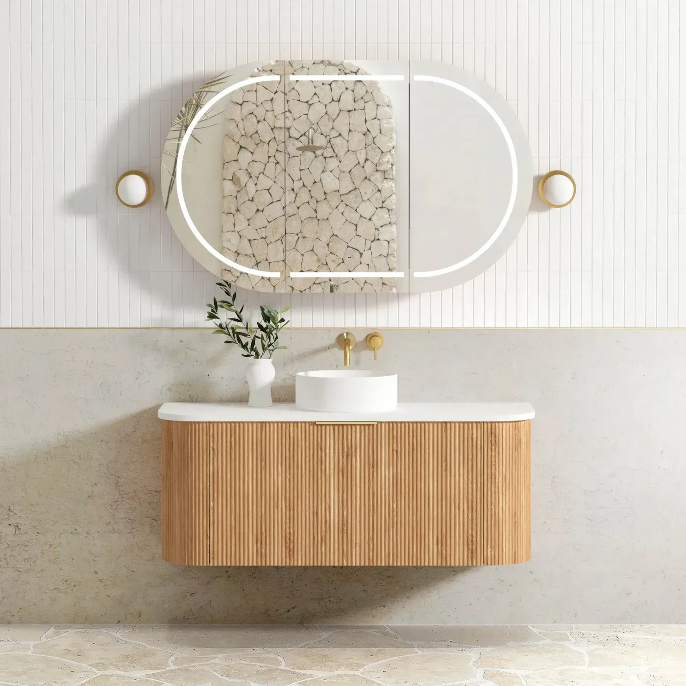 BONDI 1200MM WOODLAND OAK FLUTED CURVE VANITY