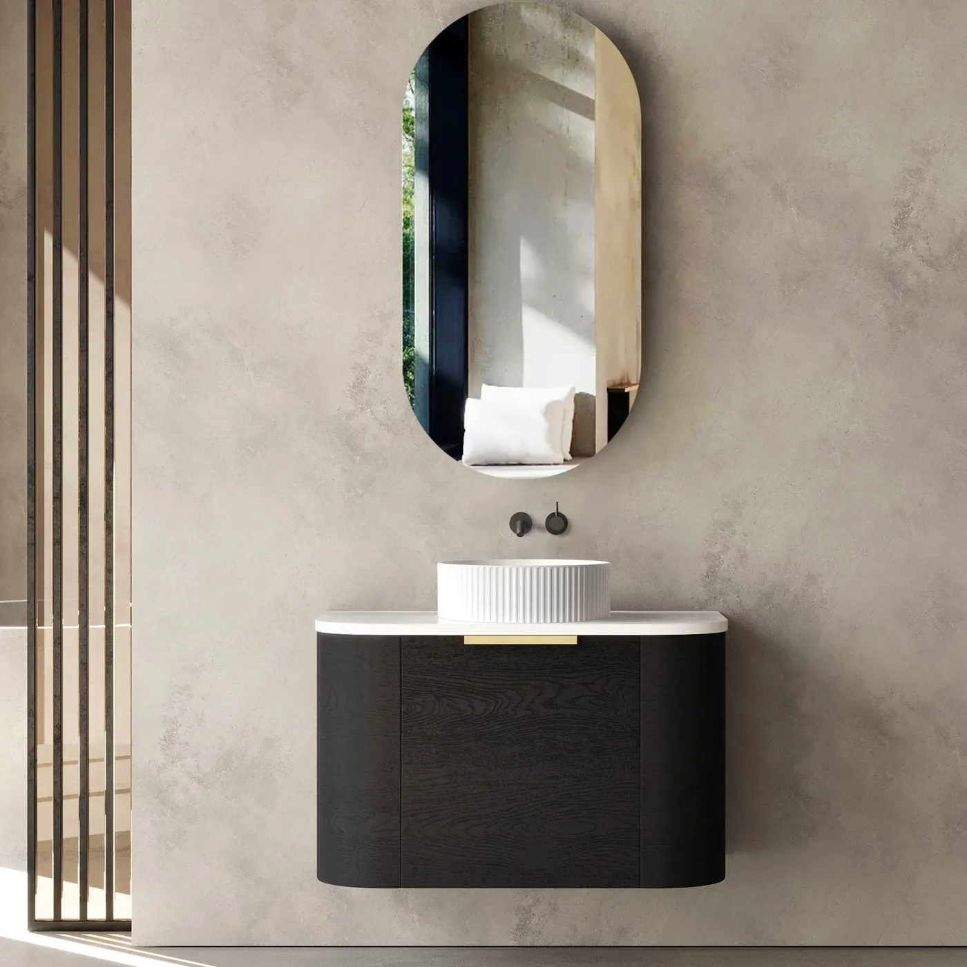 BONDI 750MM BLACK OAK WALL HUNG CURVE VANITY