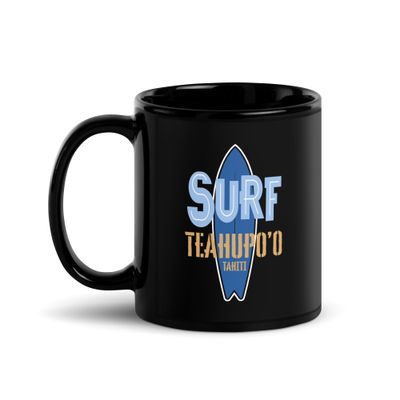 Surf Teahupo&#39;o, Surfing Teahupo&#39;o in Tahiti, Surfboard Black Coffee Mug