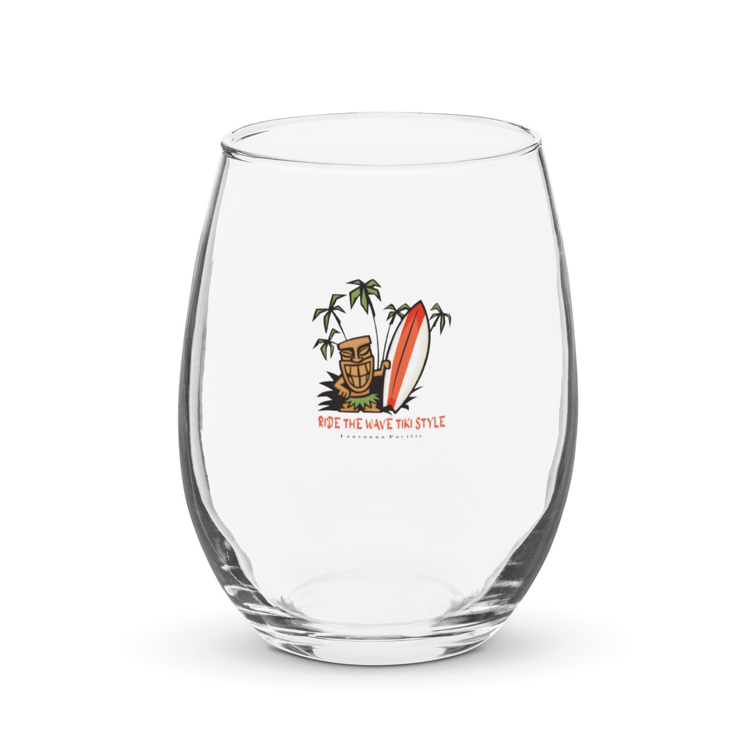 Funny Surf, Tiki Style Surf, Ride the Waves Tiki Style Stemless Wine Glass