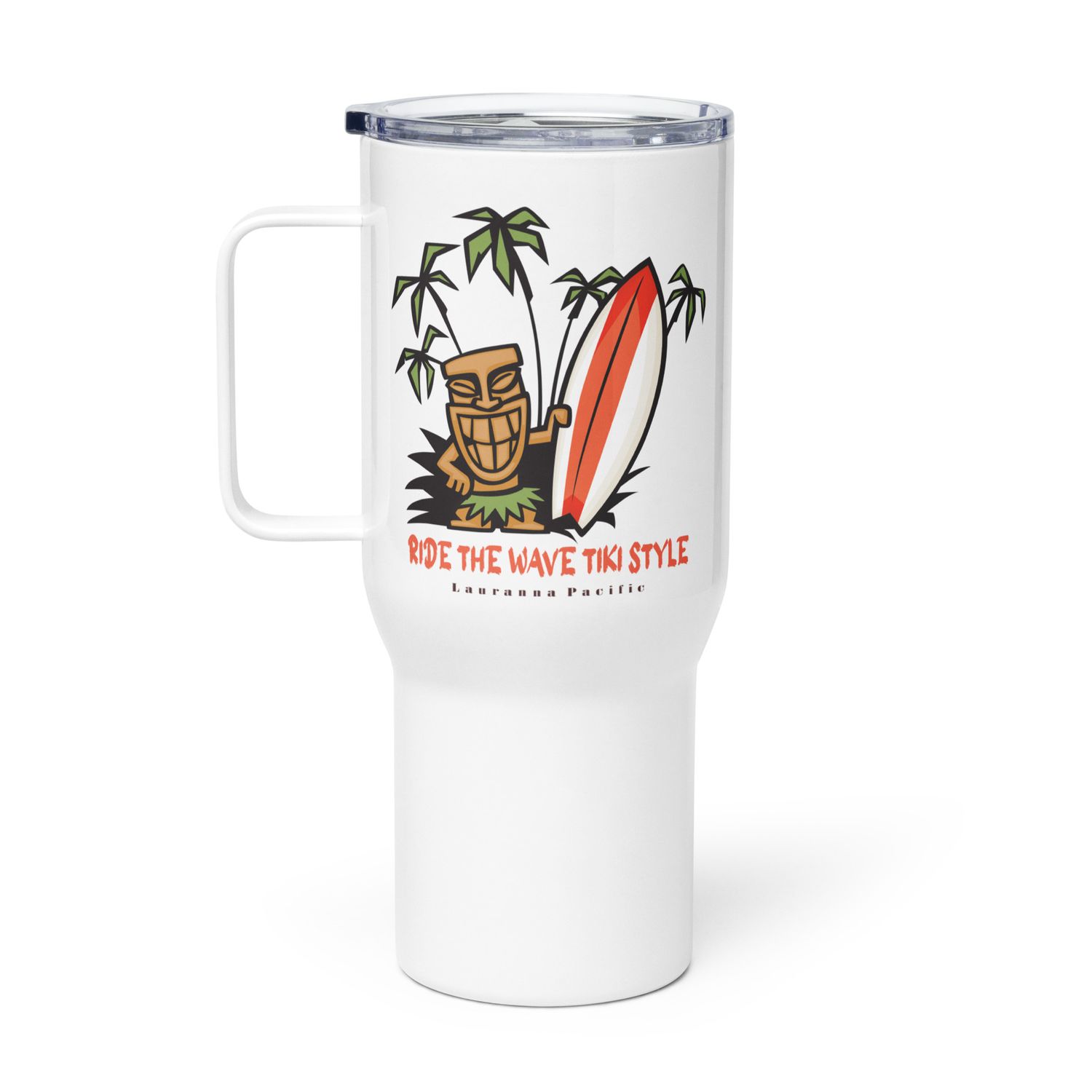 Funny Surf, Tiki Style Surf, Ride the Waves Tiki Style Travel Mug with a Handle