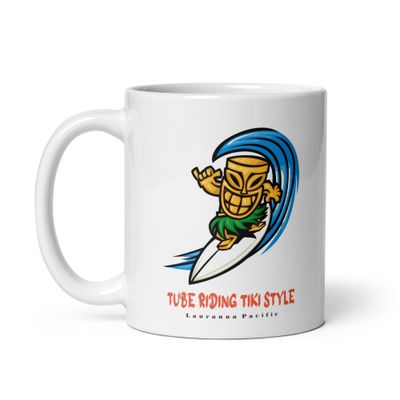 Funny Surfing Tiki, Tube Riding Surfer Tiki Style White Coffee Mug