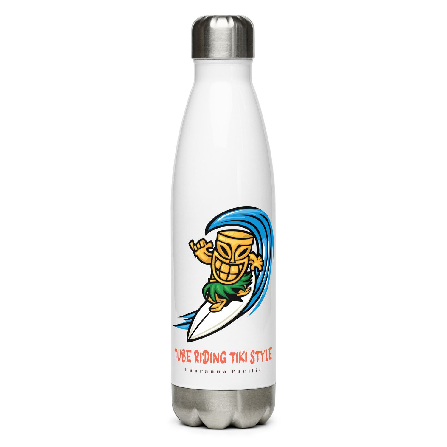 Funny Surfing Tiki, Tube Riding Surfer Tiki Style Stainless Steel Water Bottle