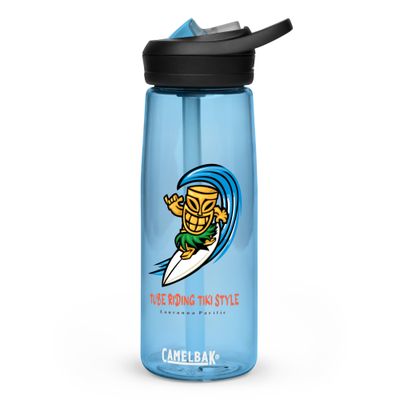 Funny Surfing Tiki, Tube Riding Surfer Tiki Style Sports Water Bottle