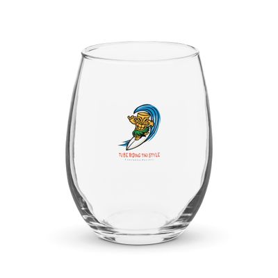Funny Surfing Tiki, Tube Riding Surfer Tiki Style Stemless Wine Glass
