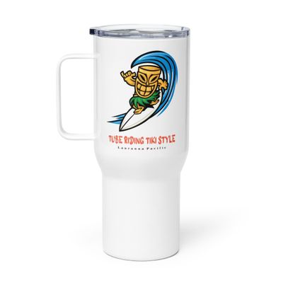 Funny Surfing Tiki, Tube Riding Surfer Tiki Style Travel Mug with a Handle