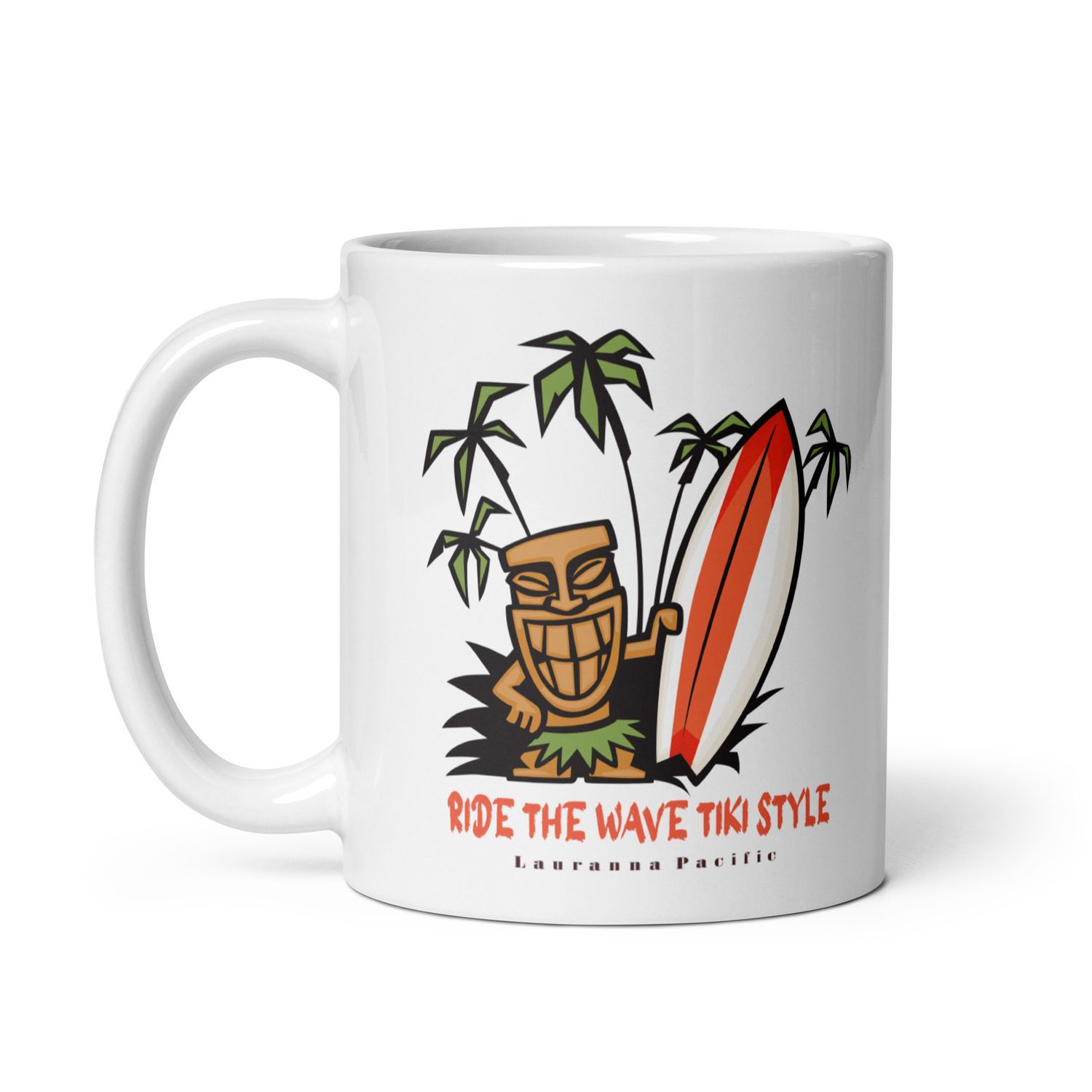 Funny Surf, Tiki Style Surf, Ride the Waves Tiki Style White Coffee Mug White Coffee Mug