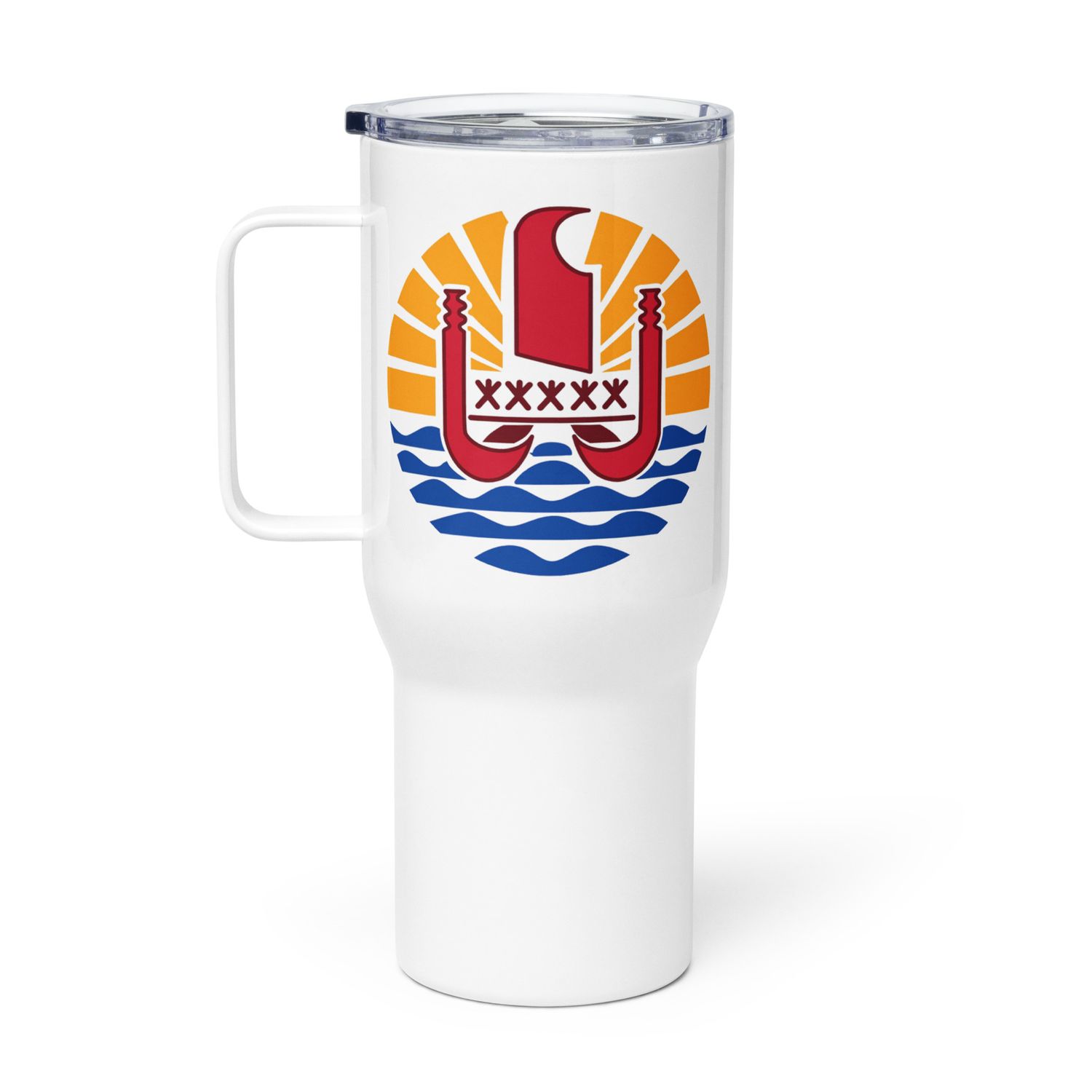 French Polynesia Coat of Arms, Tahiti Emblem Travel Mug with a Handle