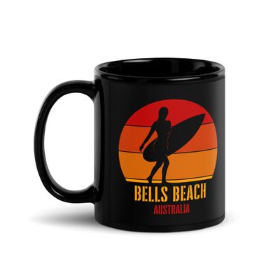 Surfing Bells Beach Australia, Australian Surfer Girl Black Coffee Mug