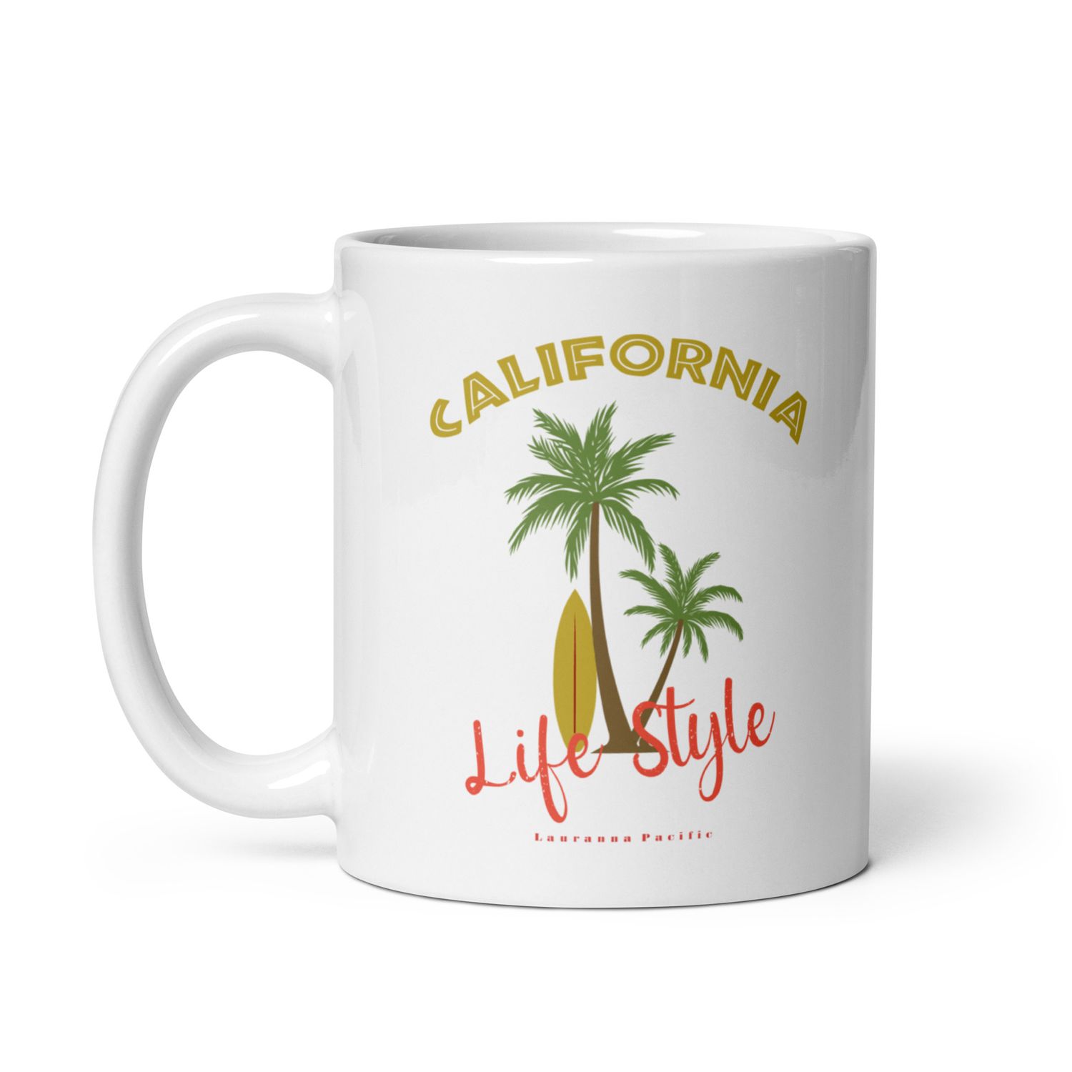 California Tropical Life Style, Palm Trees and Surfboard, Tropical Beach Vibes White Coffee Mug