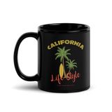 California Tropical Life Style, Palm Trees and Surfboard, Tropical Beach Vibes Black Coffee Mug