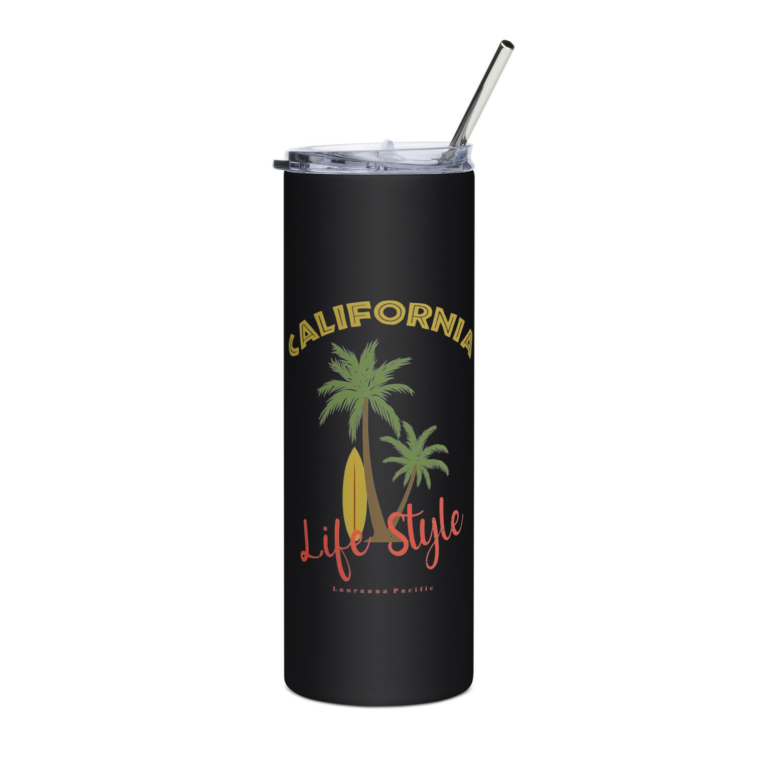 California Tropical Life Style, Palm Trees and Surfboard, Tropical Beach Vibes Stainless Steel Tumbler