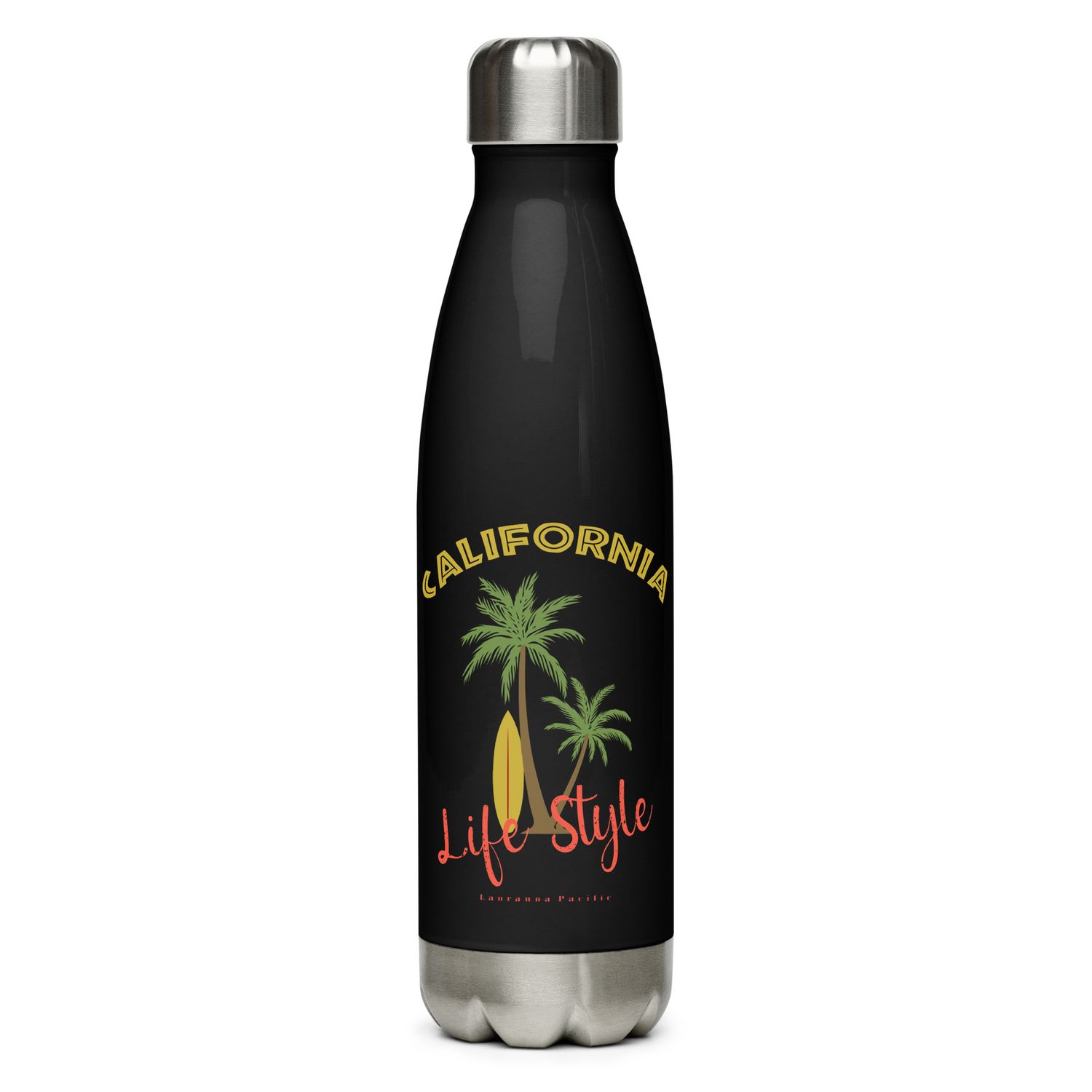 California Tropical Life Style, Palm Trees and Surfboard, Tropical Beach Vibes Stainless Steel Water Bottle