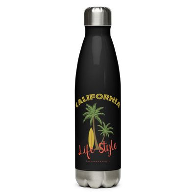 California Tropical Life Style, Palm Trees and Surfboard, Tropical Beach Vibes Stainless Steel Water Bottle
