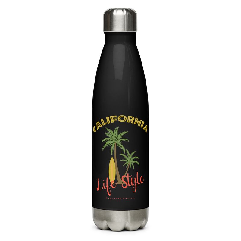 California Tropical Life Style, Palm Trees and Surfboard, Tropical Beach Vibes Stainless Steel Water Bottle