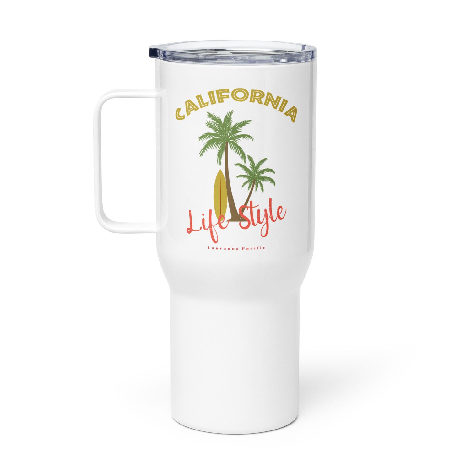 California Tropical Life Style, Palm Trees and Surfboard, Tropical Beach Vibes Travel Mug with a Handle