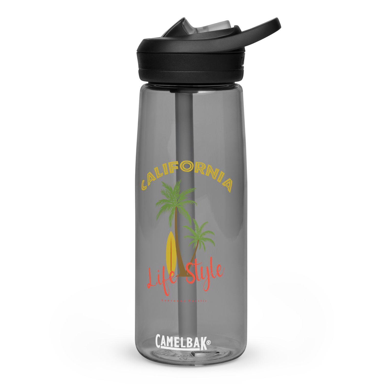 California Tropical Life Style, Palm Trees and Surfboard, Tropical Beach Vibes Sports Water Bottle