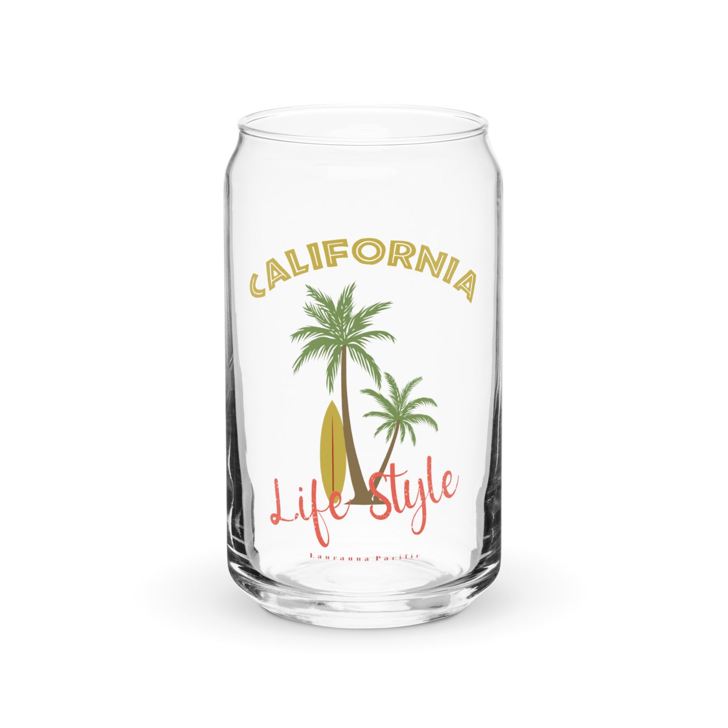 California Tropical Life Style, Palm Trees and Surfboard, Tropical Beach Vibes Can-Shaped Glass