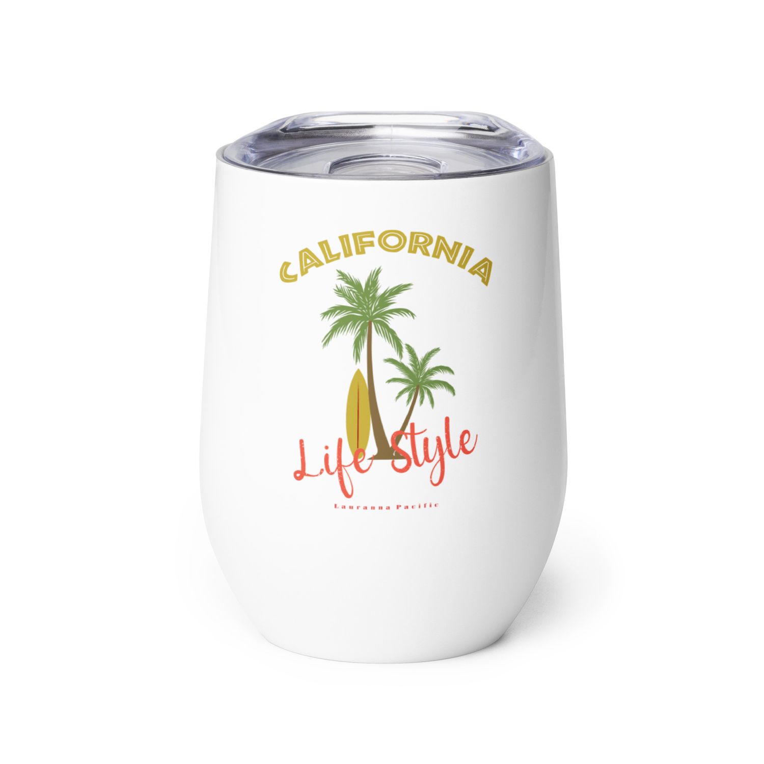 California Tropical Life Style, Palm Trees and Surfboard, Tropical Beach Vibes Wine Tumbler