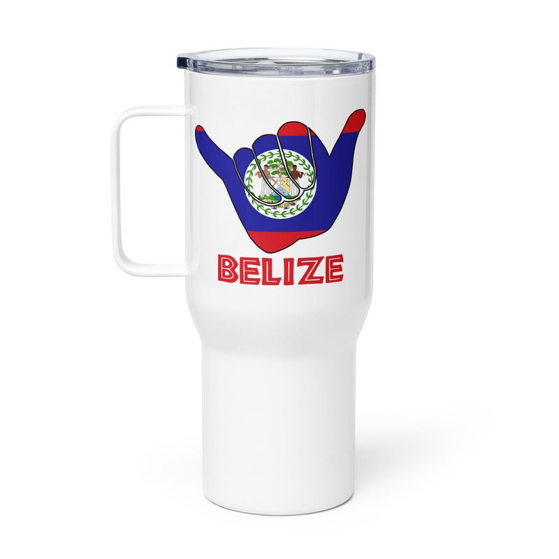 Belize Shaka Hang Loose Belize Flag Travel Mug with a Handle