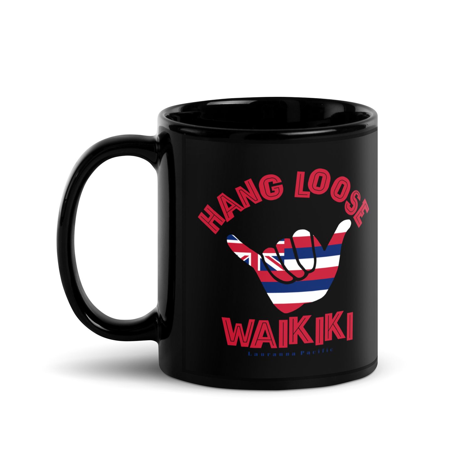 Waikiki Shaka Hang Loose Hawaiian Flag Black Coffee Mug