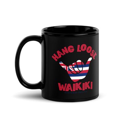 Waikiki Shaka Hang Loose Hawaiian Flag Black Coffee Mug
