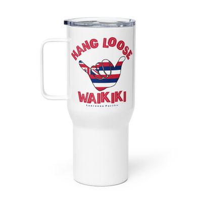 Waikiki Shaka Hang Loose Hawaiian Flag Travel Mug with a Handle