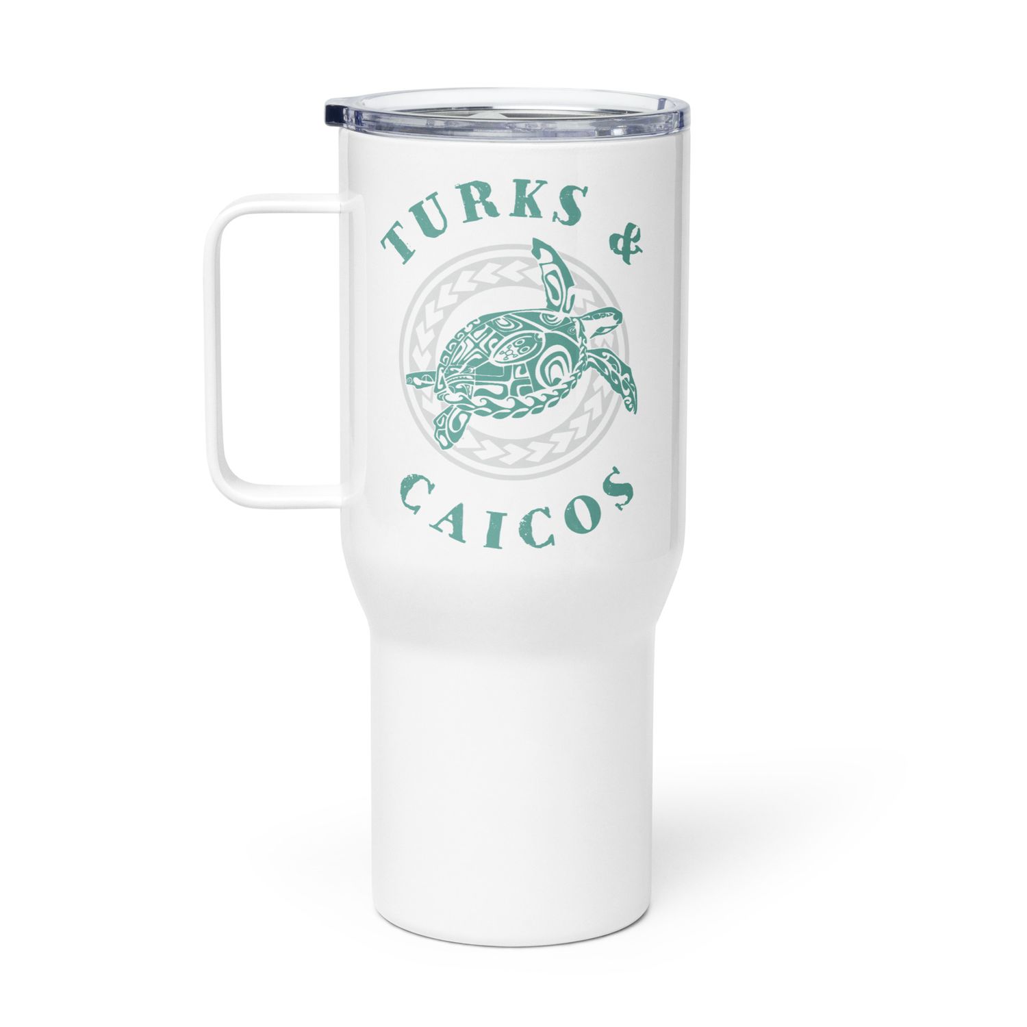 Turks and Caicos Caribbean Tribal Tattoo Sea Turtle Travel Mug with a Handle
