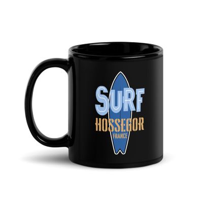 Surf Hossegor, Surfing Hossegor in France, Surfboard Black Coffee Mug