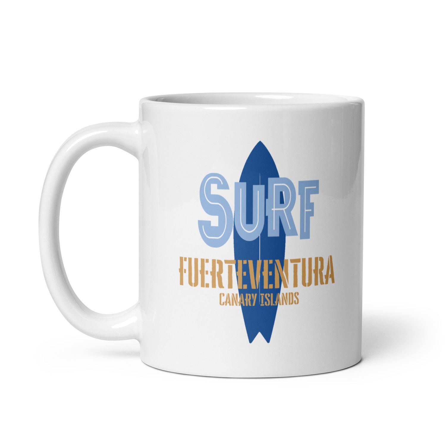 Surf Fuerteventura, Surfing Fuerteventura in the Canary Islands, Surfboard White Coffee Mug