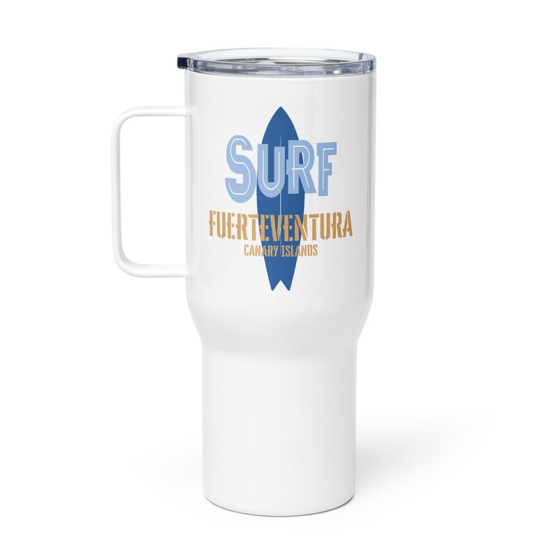 Surf Fuerteventura, Surfing Fuerteventura in the Canary Islands, Surfboard Travel Mug with a Handle