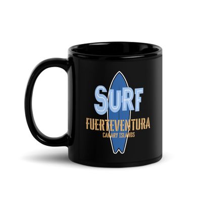 Surf Fuerteventura, Surfing Fuerteventura in the Canary Islands, Surfboard Black Coffee Mug