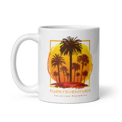 Fuerteventura Sunset Palms, Tourist Vacation White Coffee Mug