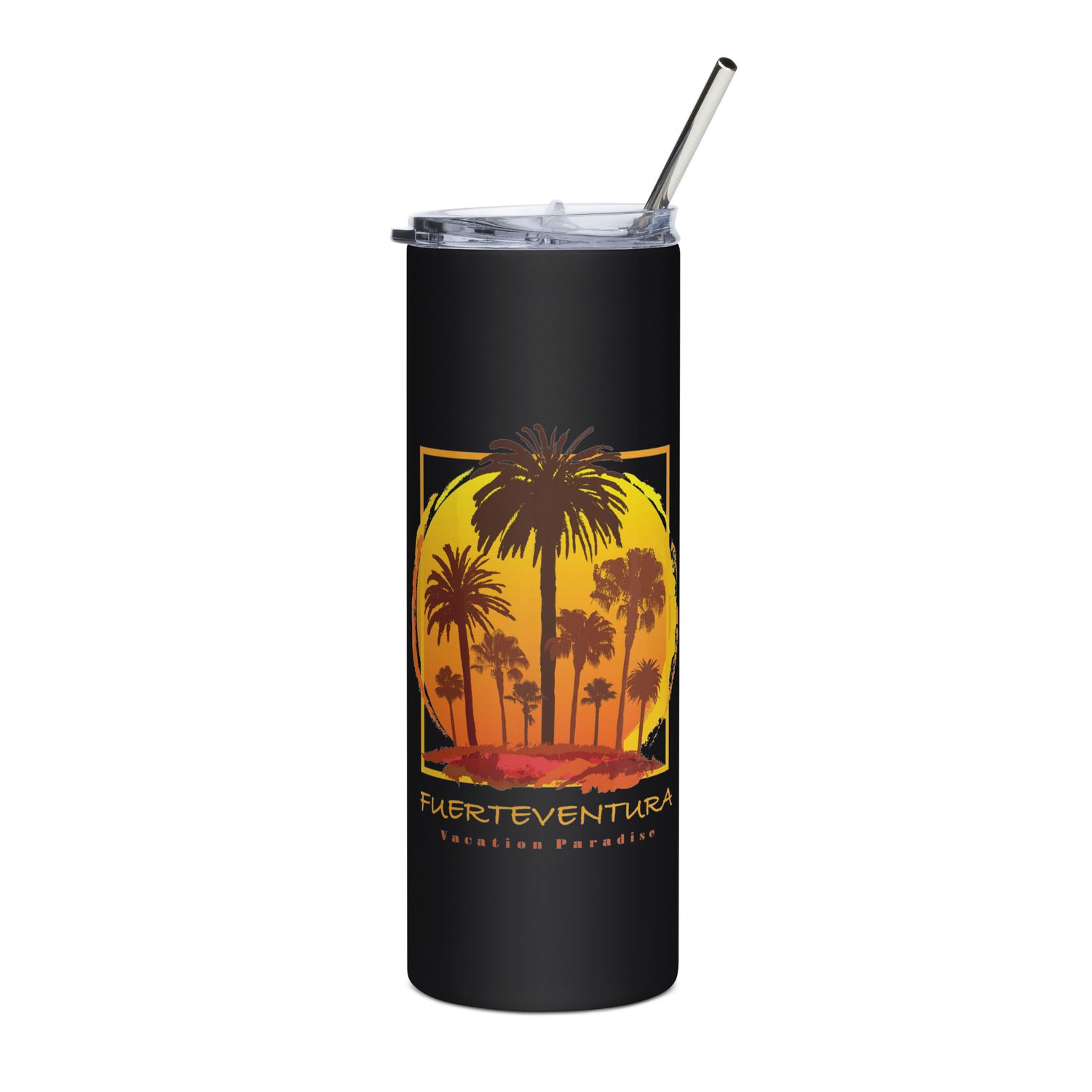 Fuerteventura Sunset Palms, Tourist Vacation Stainless Steel Tumbler