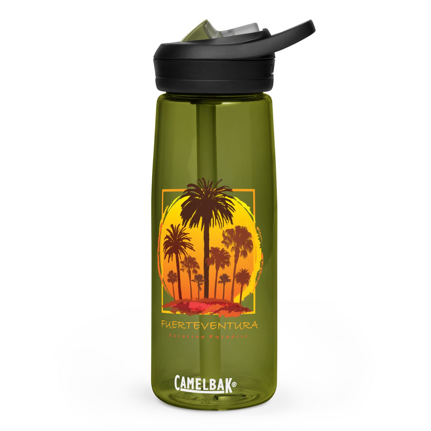 Fuerteventura Sunset Palms, Tourist Vacation Sports Water Bottle