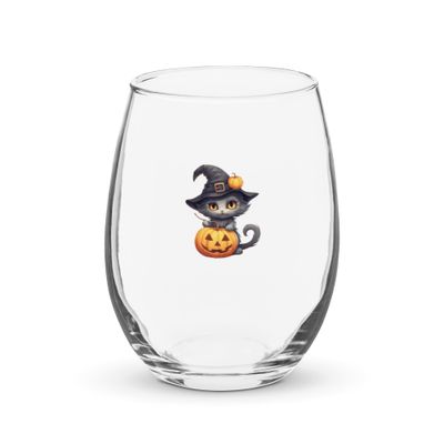 Halloween Witch Cat 1 Stemless Wine Glass