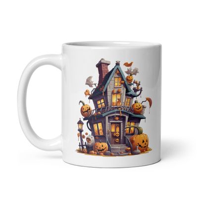 Halloween Haunted House with Pumpkins 1 White Coffee Mug