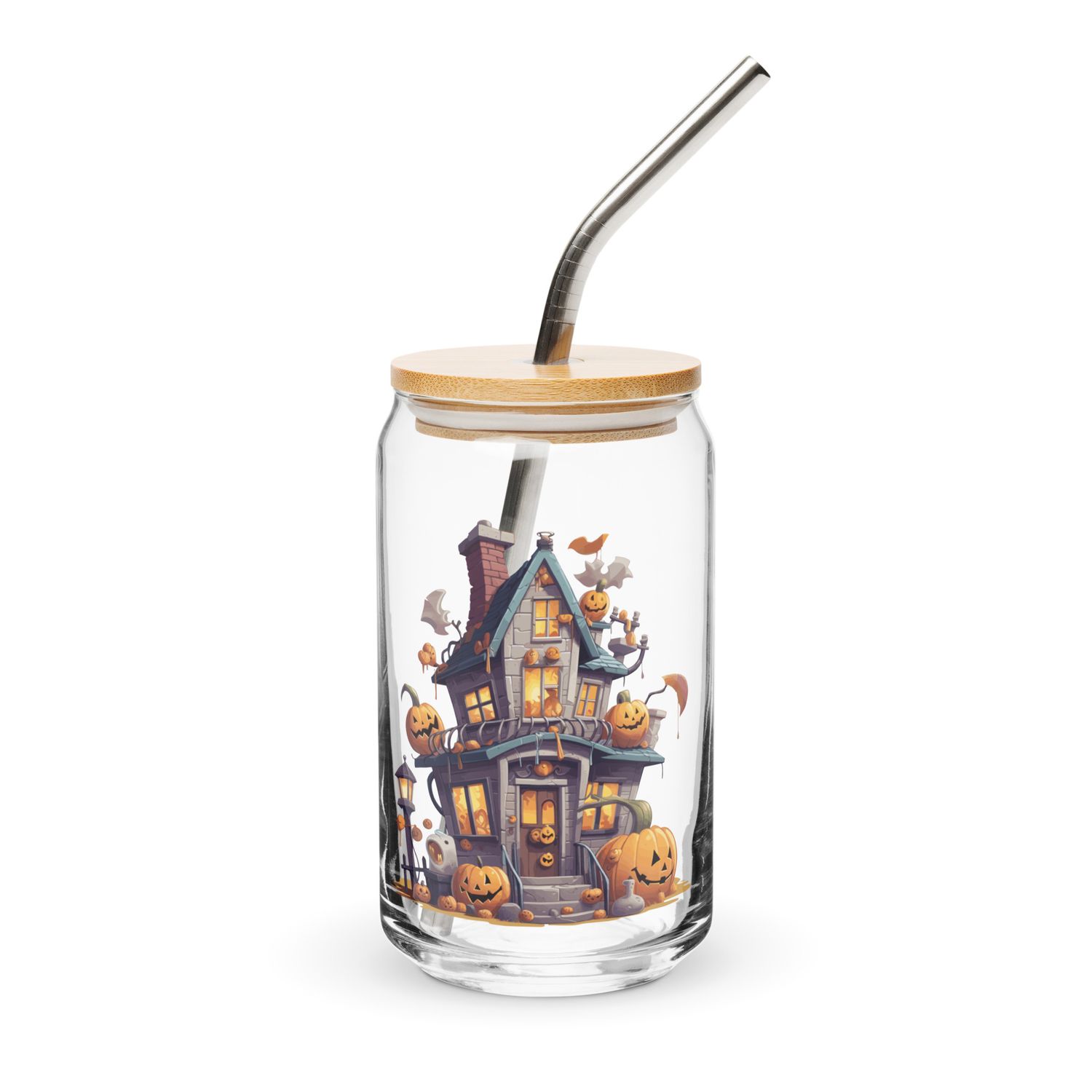 Halloween Haunted House with Pumpkins 1 Can-Shaped Glass