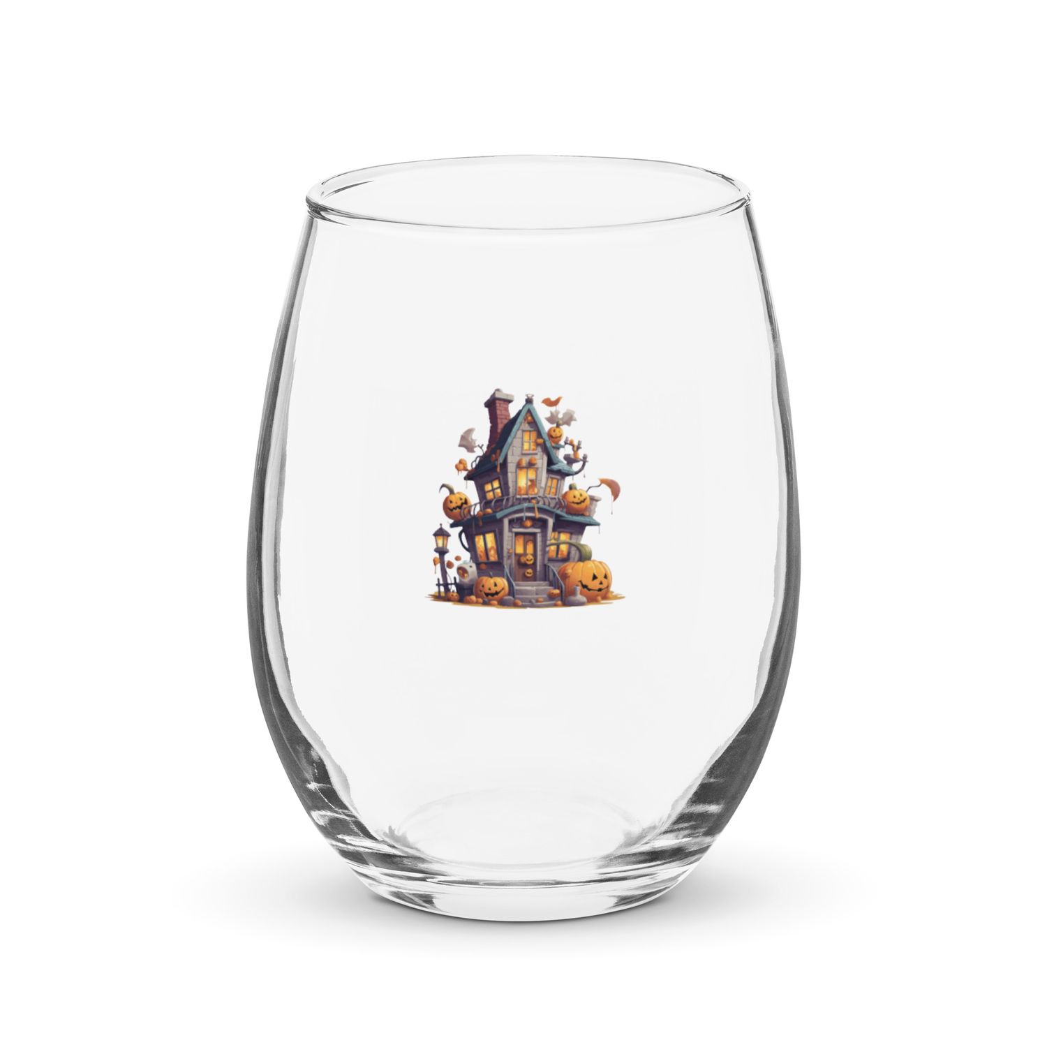 Halloween Haunted House with Pumpkins 1 Stemless Wine Glass