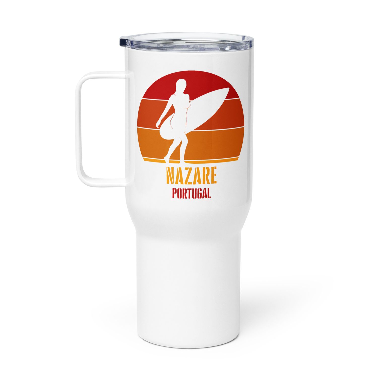 Surfing Nazare Portugal, Atlantic Surfer Girl Travel Mug with a Handle