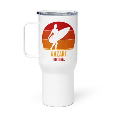 Surfing Nazare Portugal, Atlantic Surfer Girl Travel Mug with a Handle