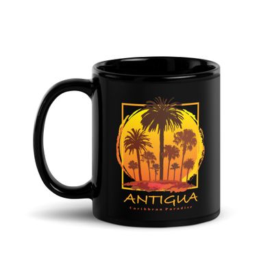 Antigua Sunset Palms, Tourist Vacation Black Coffee Mug