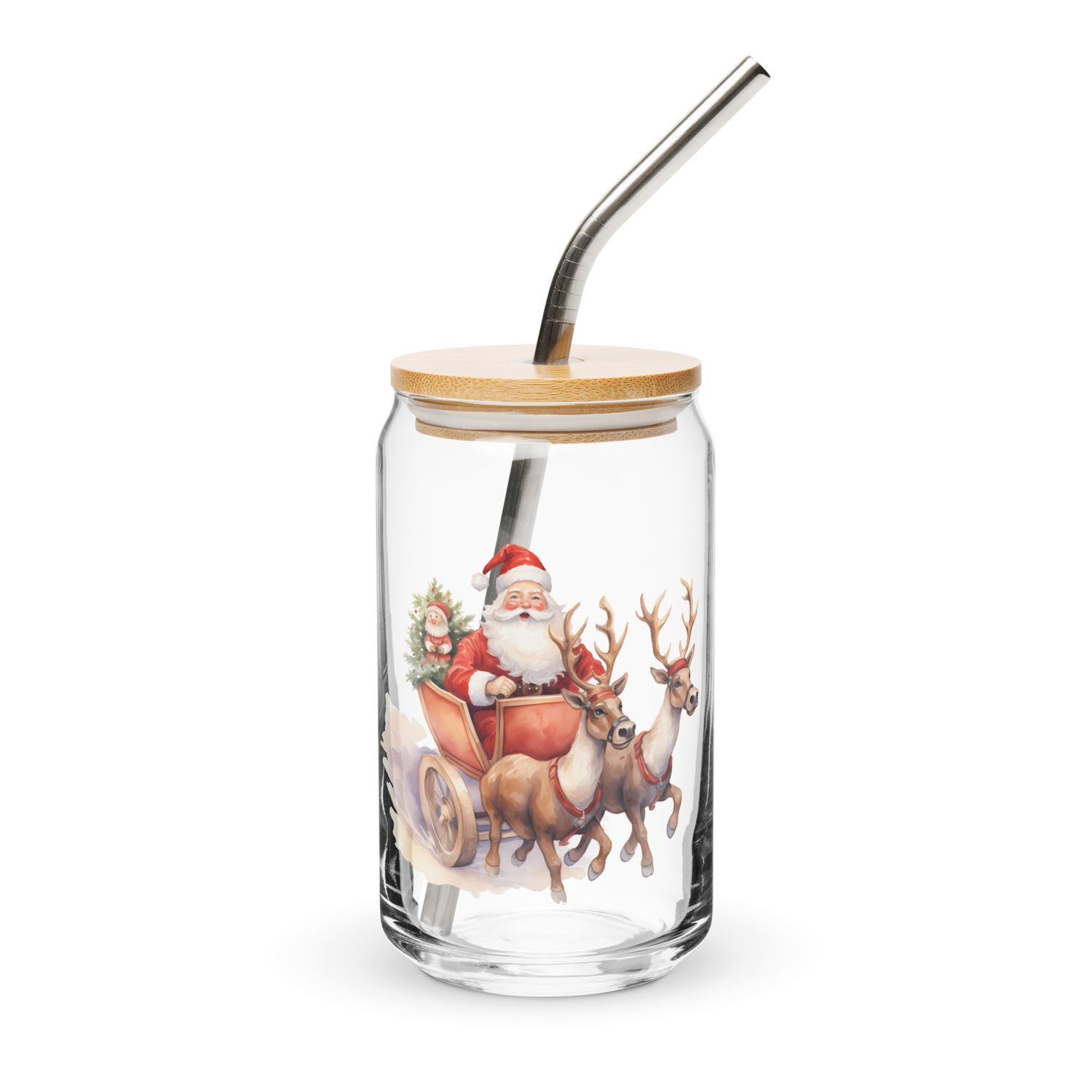 Santa and his Reindeers 1 Can-Shaped Glass