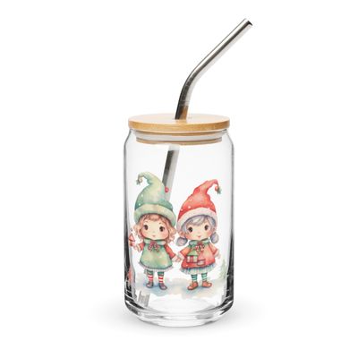 Christmas Elves 2 Can-Shaped Glass