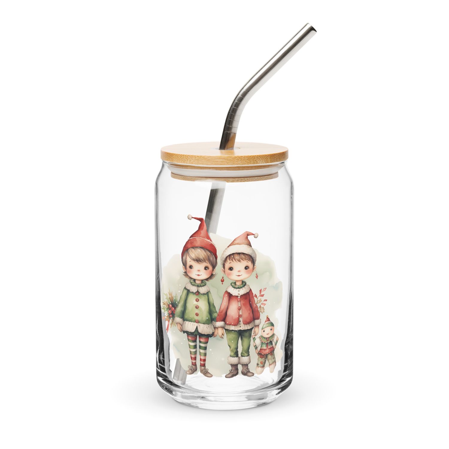 Christmas Elves 3 Can-Shaped Glass