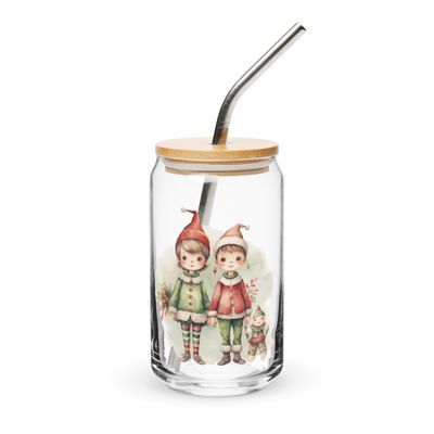 Christmas Elves 3 Can-Shaped Glass