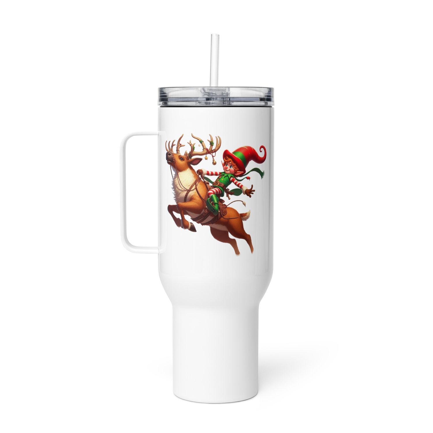 Funny Christmas Elf And Jumping Reindeer Travel Mug with a Handle