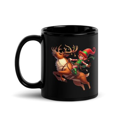 Funny Christmas Elf And Jumping Reindeer Black Coffee Mug