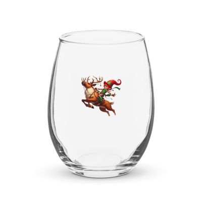Funny Christmas Elf And Jumping Reindeer Stemless Wine Glass