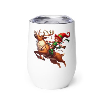 Funny Christmas Elf And Jumping Reindeer Wine Tumbler